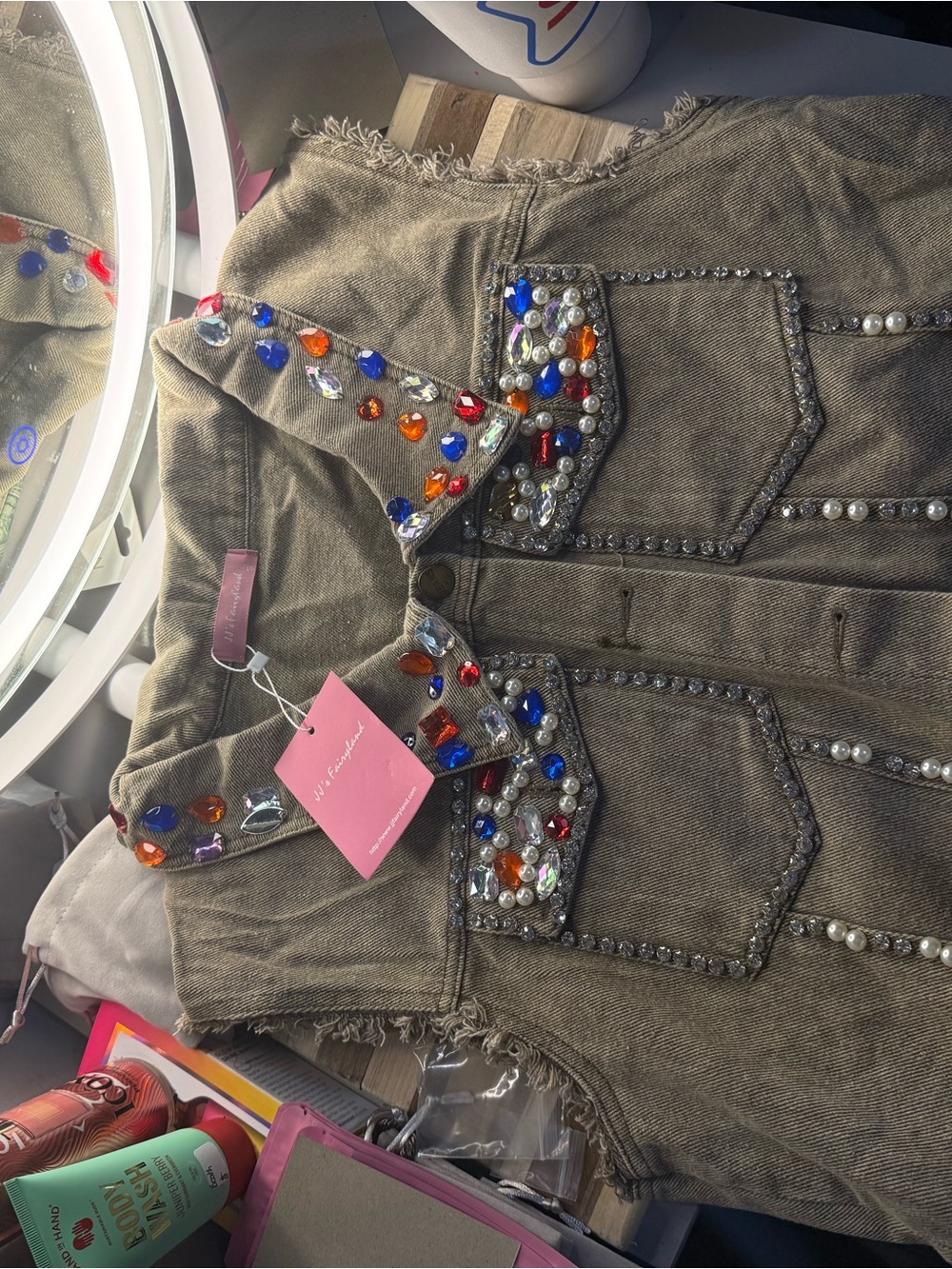 Embellished Olive Denim Vest/Skirt with Multicolor Gems